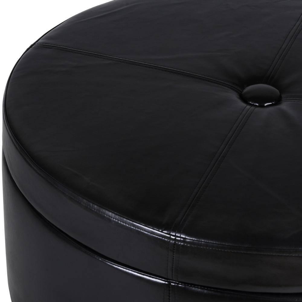 Leatherette Single Button Tufted Round Ottoman with Wooden Feet, Large, Black and Brown