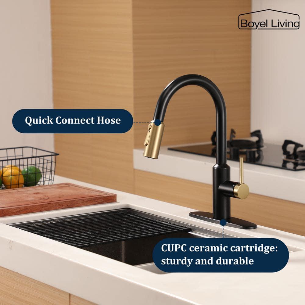 Matte Black and Brushed Gold Stainless Steel Pull Down Kitchen Faucet