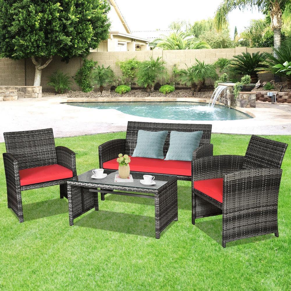 Aimee Lii 4 Pieces Wicker Patio Furniture Set with Cushions, Wicker Outdoor Sectional, Red