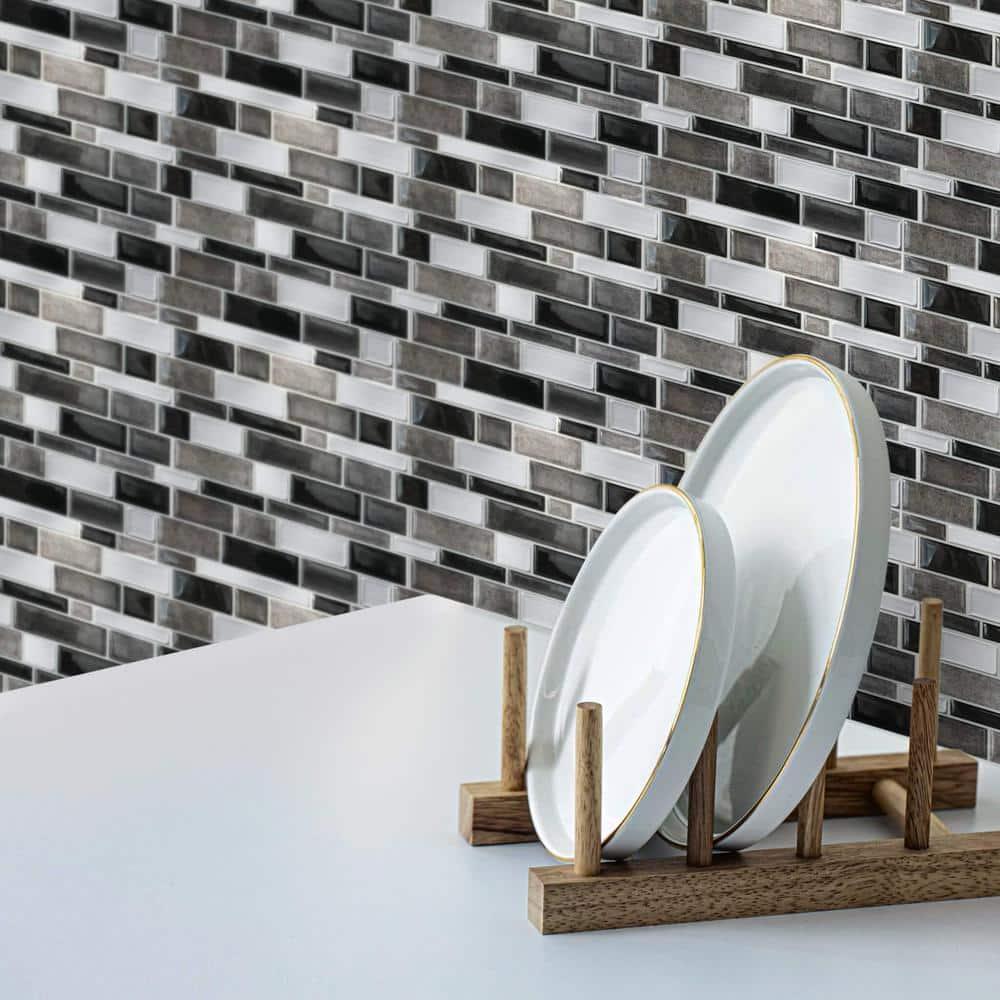 Main Street 10.5" x 10.5" Silver & Black Mosaic Vinyl Peel and Stick Tiles (4-Pack). Removable Tiles for Walls or Backsplash