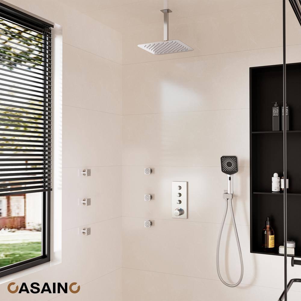 CASAINC 12'' Ceiling Mounted Square Shower System with Handheld Sprayer & 6 Body Jets, Brushed Nickel