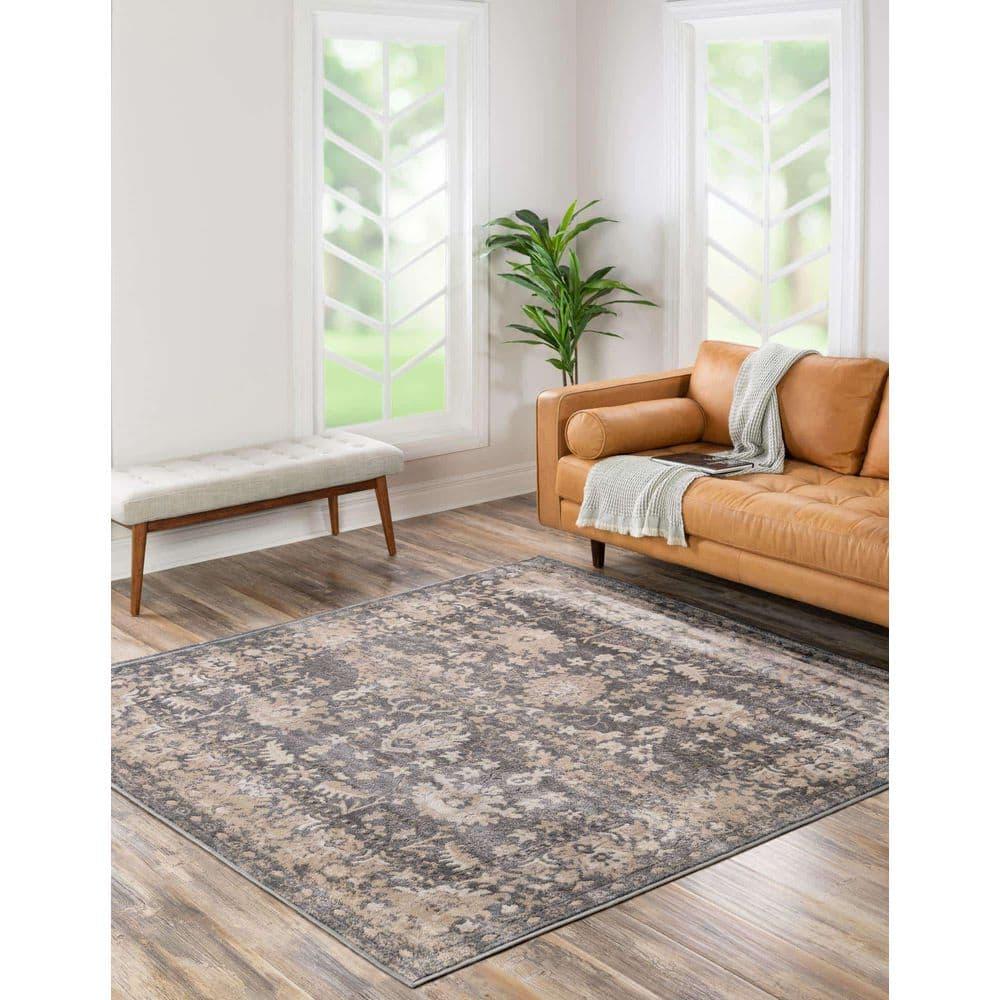 Unique Loom Portland Collection Area Rug - Central (4' 1" Square Gray/Beige)
