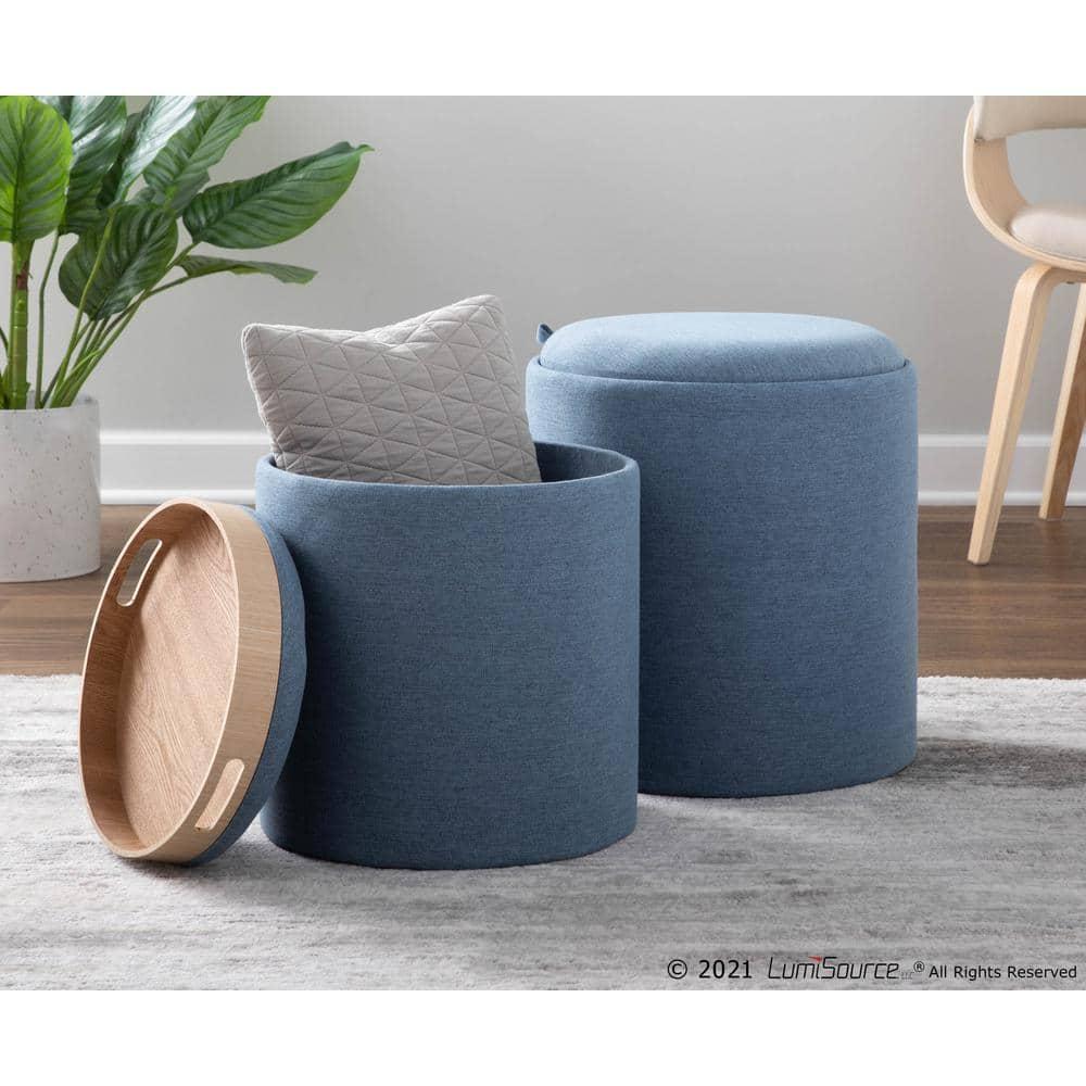 Tray Polyester Wood Contemporary Nesting Ottoman Set Blue/Natural - LumiSource: 2-Piece, Storage Compartment, No Assembly Required