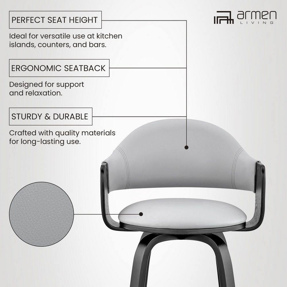 30" Daxton Counter Height Barstool with Gray Faux Leather Seat Black Finish Frame - Armen Living: Swivel, Footrest, Wood Frame