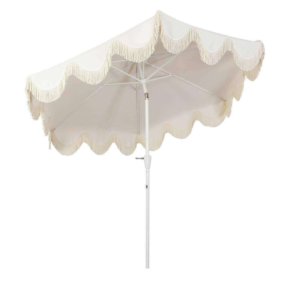 JONATHAN Y Collins 9 ft. Classic Cottage Tassel Market Patio Umbrella with Auto-Tilt, Crank, Wind Vent and UV Protection in Cream