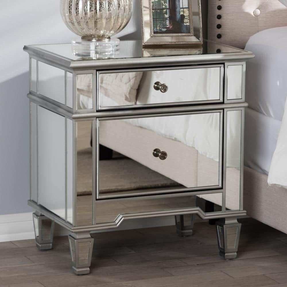 Sussie Hollywood Regency Glamour Style Mirrored 2 - Drawer Nightstand - Baxton Studio: Bronze Hardware, Beveled Top
