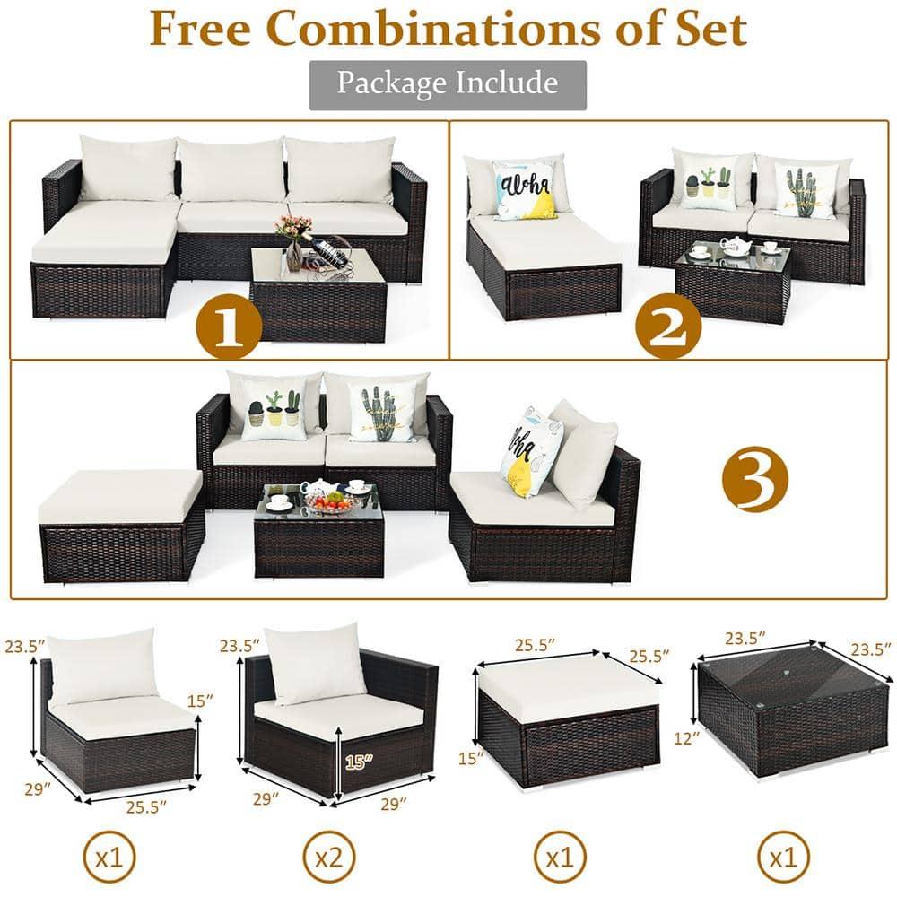 Topcobe 5 Pieces Patio Rattan Sectional Furniture Set with Cushions and Coffee Table, Outdoor Furniture, Off White
