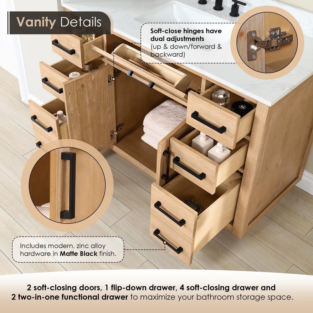 Gavino Tocador de Madera de 42" en Marrón Claro con Tapa de Piedra Compuesta sin Espejo