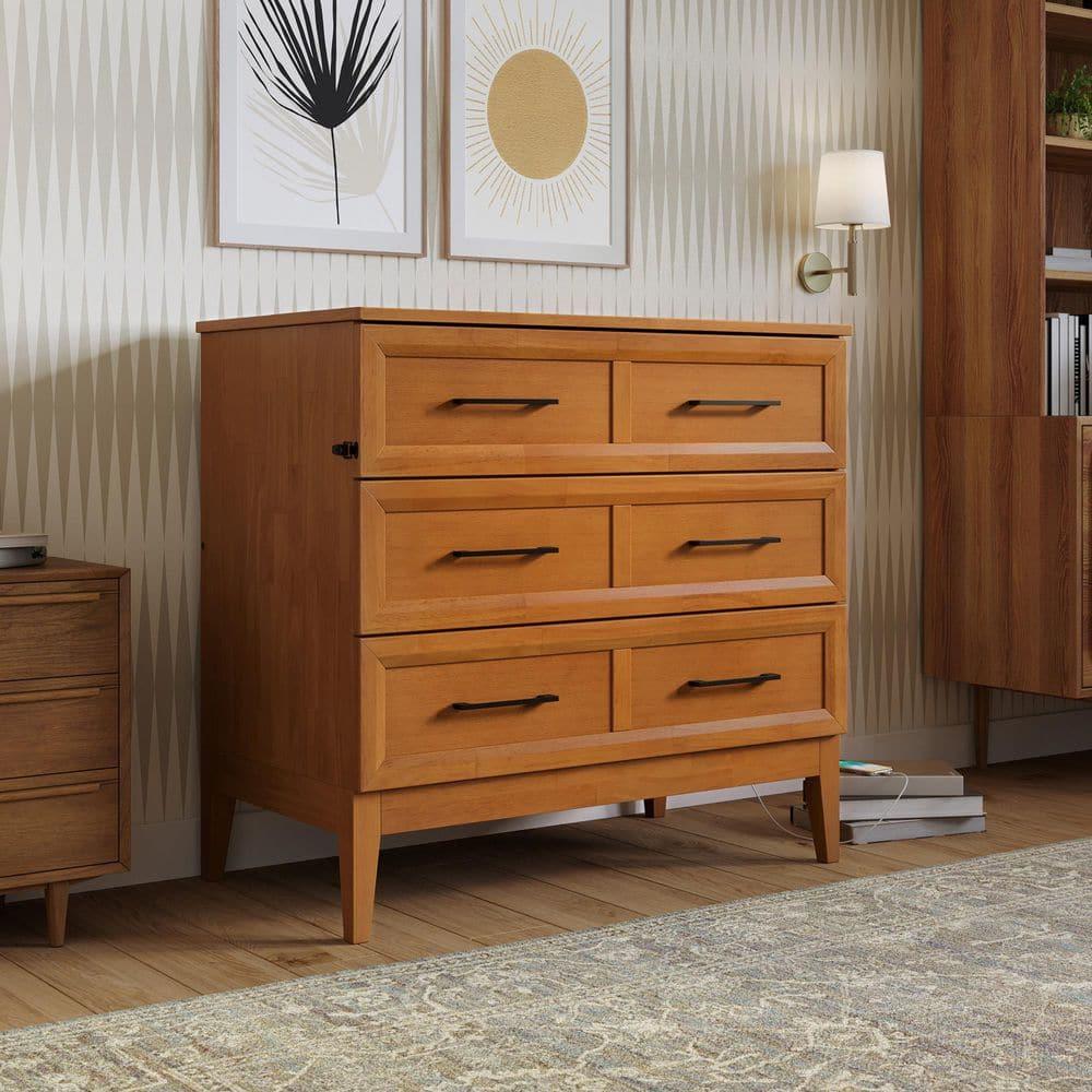 AFI Santa Fe Twin Wood Murphy Bed Chest with Mattress and Built-in Charger, Light Toffee