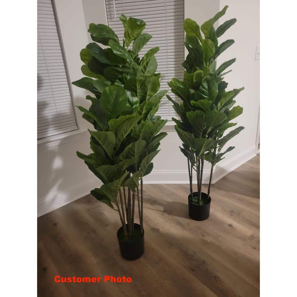 51-Inch Green Artificial Fiddle Leaf Fig Tree in Black Pot, Set of 2