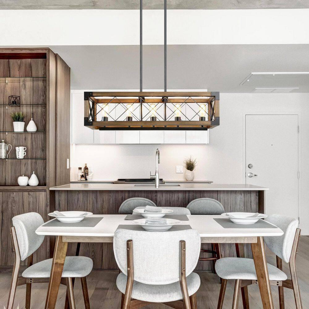 Farmhouse 5-Light Wood and Black Metal Chandelier, Rectangular Kitchen Island Light Fixture