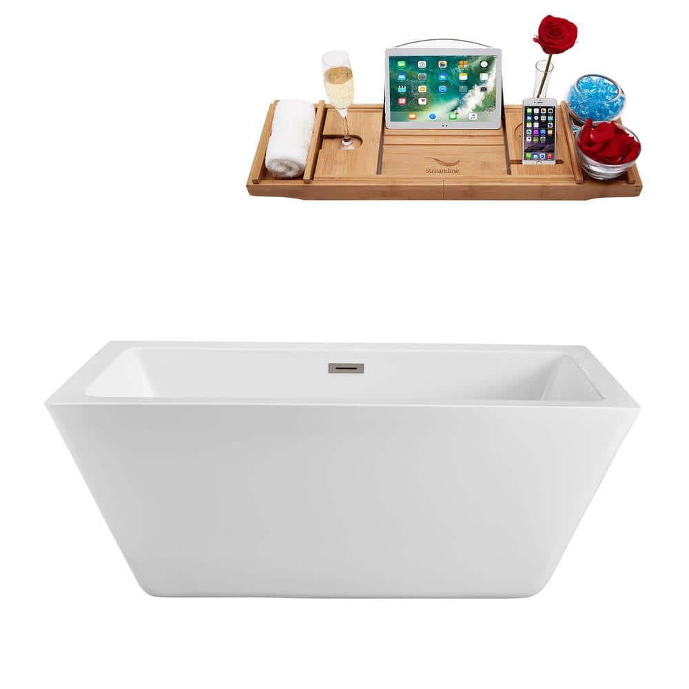 59" Streamline Freestanding Soaking Acrylic Bathtub With Drain and Bamboo Tray