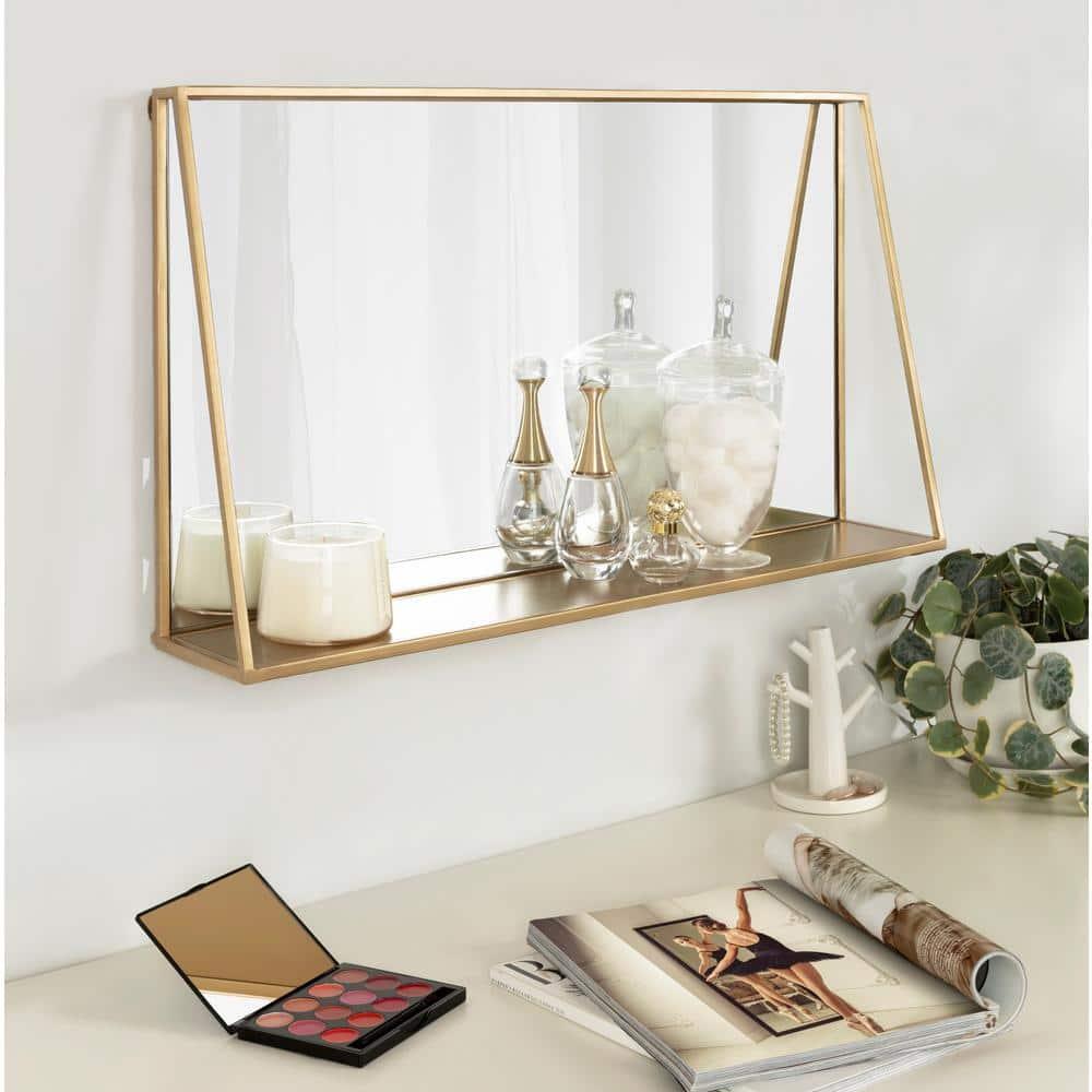 28"x16" Lintz Metal Framed Decorative Wall Mirror with Shelf Gold: Modern Rectangle, No Assembly - Kate & Laurel All Things Decor