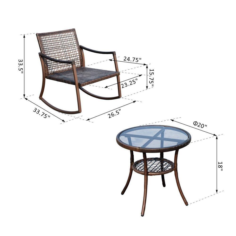 Outsunny 3-Piece Bistro Set Outdoor Wicker Furniture Set with Rattan Rocking Chair, Side Table for Patio Backyard Garden and Balcony