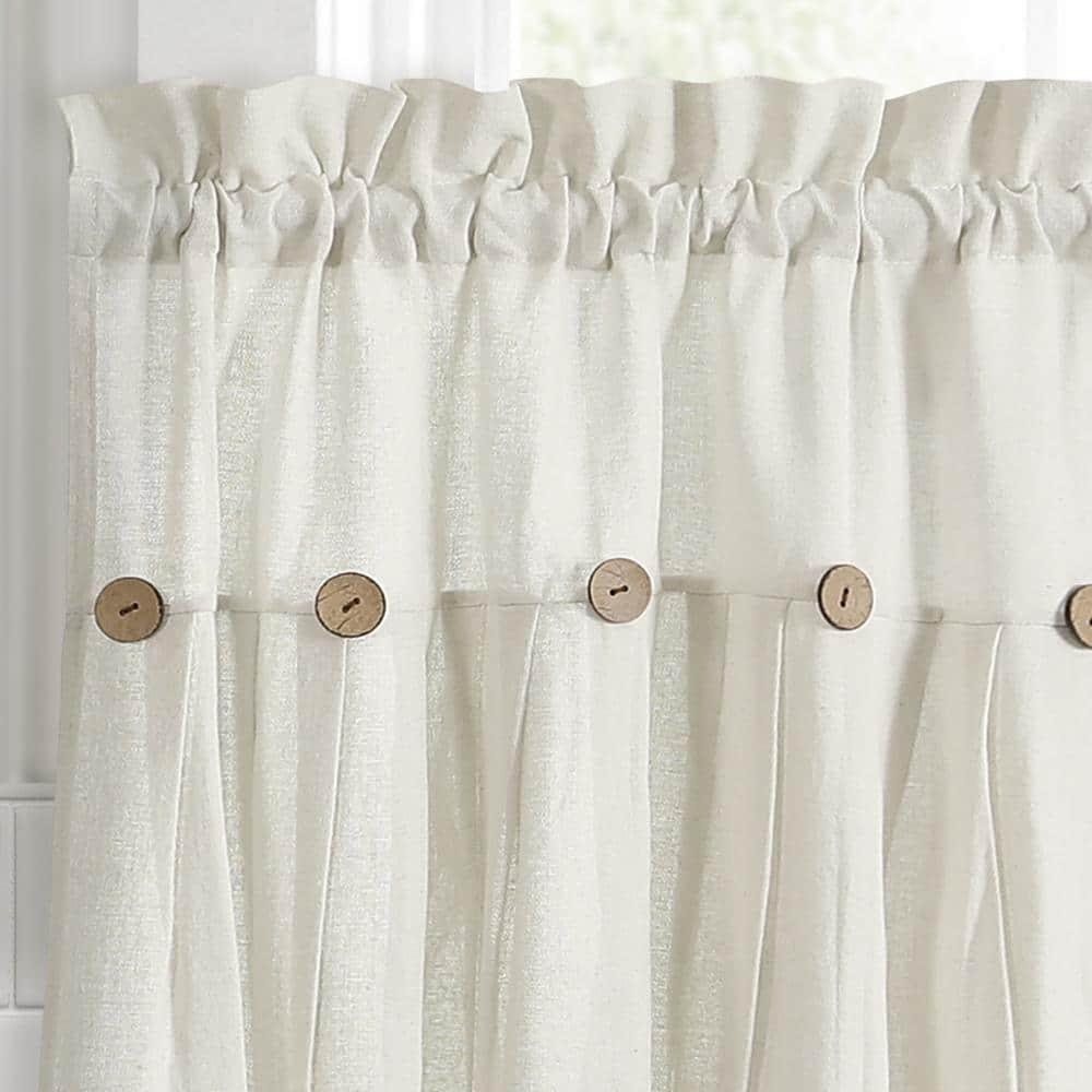 Set of 2 (36"x29") Farmhouse Linen Button Kitchen Curtain Tiers Off White - Lush Décor: Solid Cotton & Linen Rod Pocket