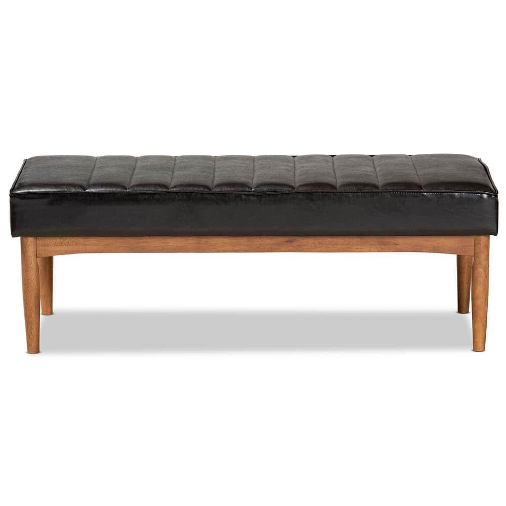 Daymond Wood Dining Ottoman Dark Brown/Walnut Brown - Baxton Studio: Mid-Century Tufted, Faux Leather