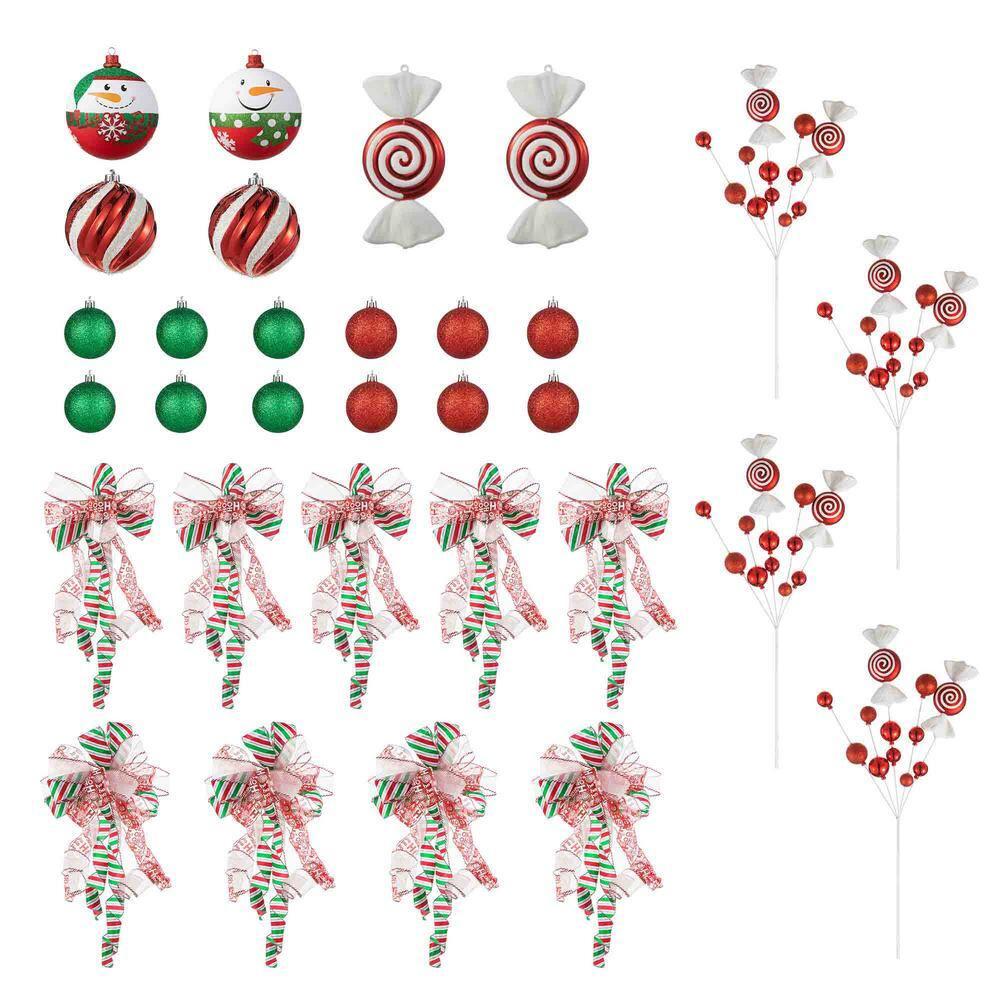 Glitzhome 178 Piece Christmas Ornaments , 4 Piece Candy Picks and 9 Piece Ribbon Bow Sets