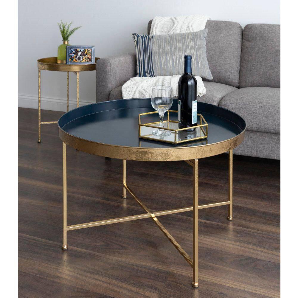 Kate and Laurel Celia Round Metal Coffee Table, 28.25x28.25x19, Navy Blue and Gold