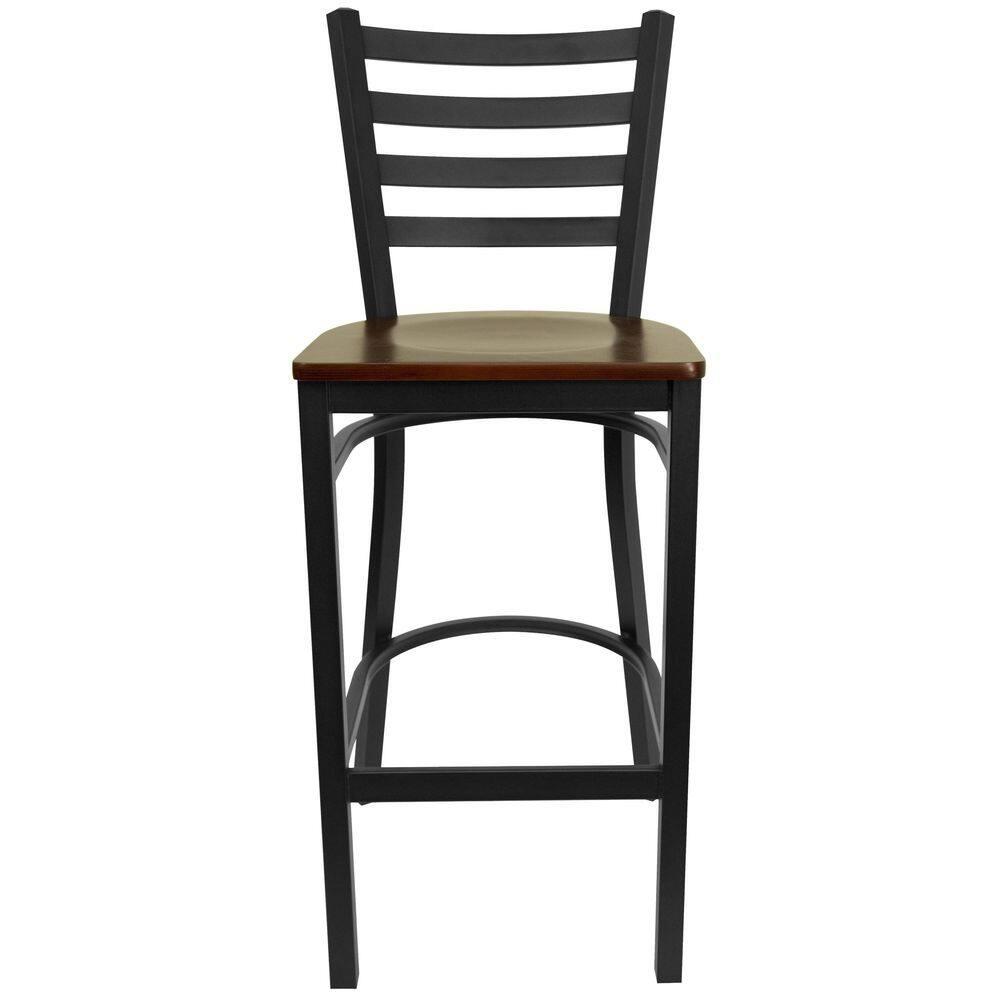 Flash Furniture HERCULES Series Black Ladder Back Metal Restaurant Barstool - Mahogany Wood Seat