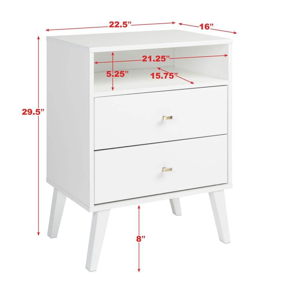 Mid Century Modern 2 Drawer Tall Nightstand with Shelf White - Prepac: Wood Laminate, Includes Anti-Tip Hardware
