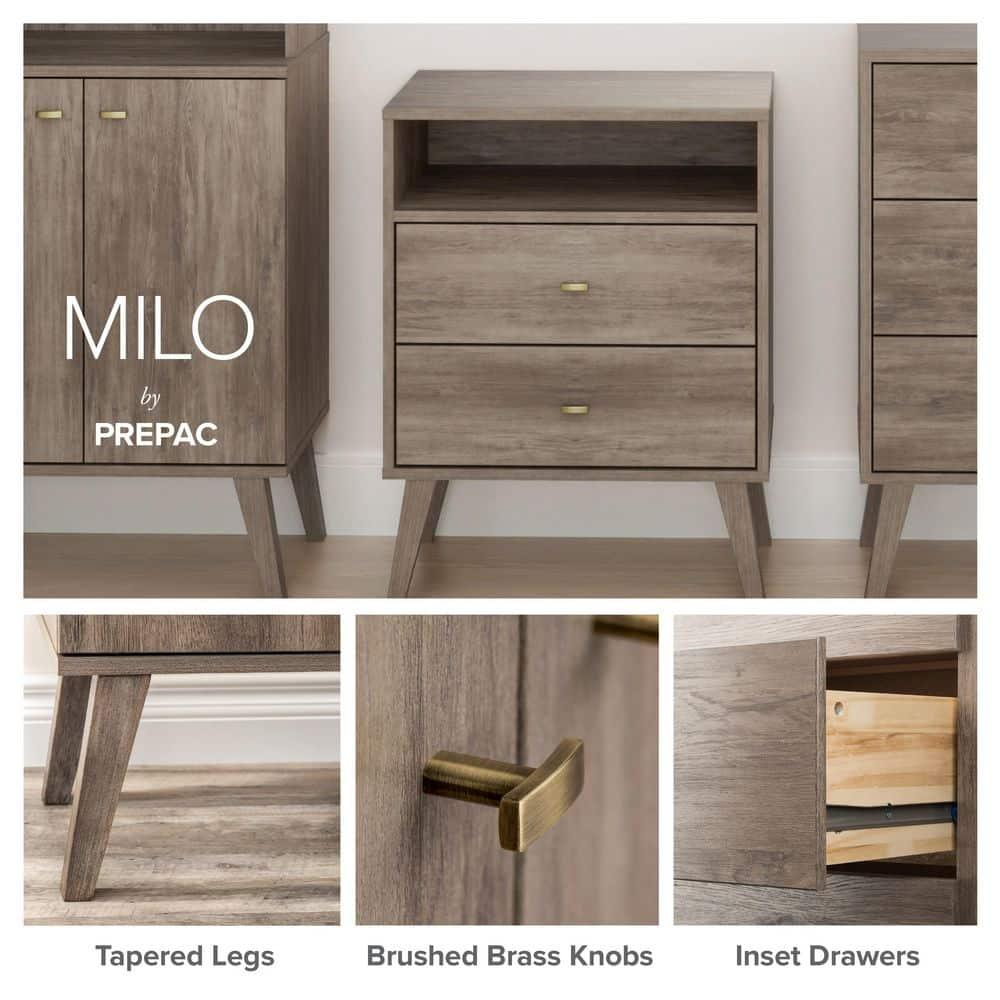 Mid-Century Modern 4 Drawer Chest Drifted Gray - Prepac: Sleek Bedroom Storage, Brass Knobs