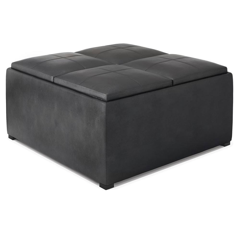 Simpli Home Avalon 35"W Upholstered Square Coffee Table Storage Ottoman with Flip-Over Trays