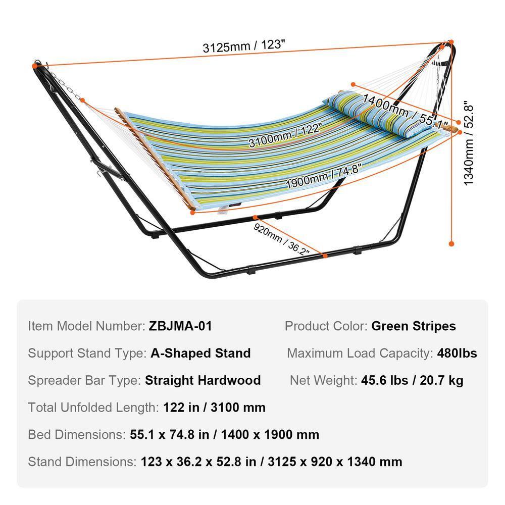 VEVOR Double Quilted Fabric Hammock with Universal Steel Stand, 2 Person Hammock with Stand, Detachable Pillow & Portable Bag 480lbs Capacity Free Standing Hammock for Outside, Patio, Garden, Beach