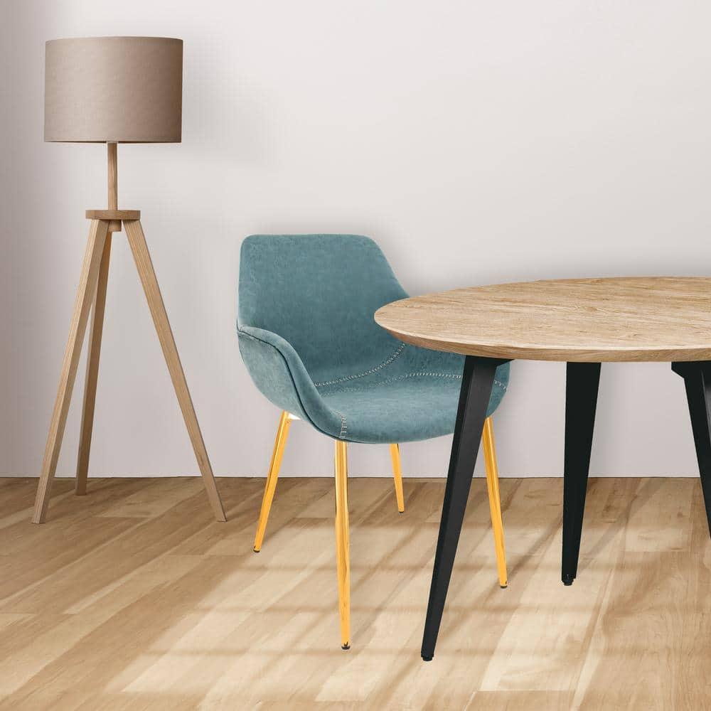 LeisureMod Markley Faux Leather Dining Chair with Arms and Gold Metal Legs, Peacock Blue