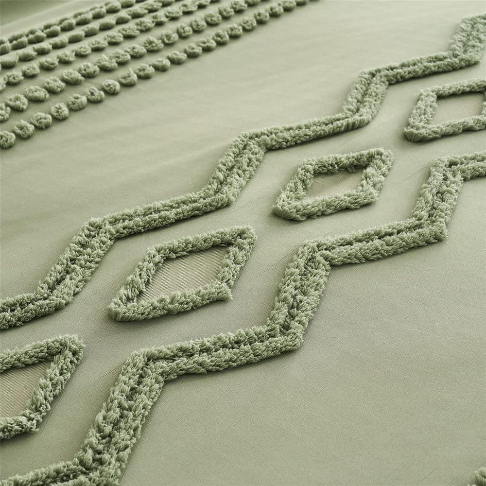 Sage Green Tufted Comforter Set Full Size 7 Piece Bed in a Bag, Shabby Chic Boho Comforter and Sheet Set, Pom Pom Textured Bed Set, All Season Soft Microfiber Complete Bedding Set (Green, Full)