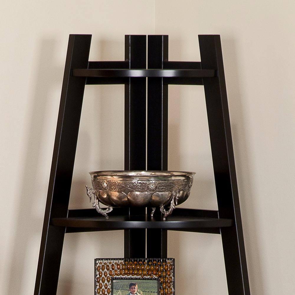 Danya B. 63" x 26.5" Five-Tier Pyramid Corner Ladder Shelf Brown: MDF Wood, Open Back Design, Fixed Shelves