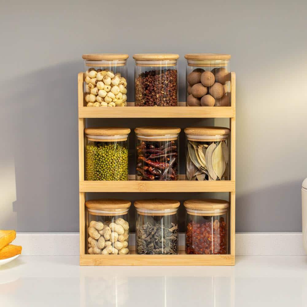 Rebrilliant Rebrilliant Versatile 3-tier Bamboo Spice Rack And Pantry Organizer With 9 Glass Jars – Perfect For Countertop Storage In Kitchens To Keep Seasoning Containers Neatly Displayed And Easily Accessible