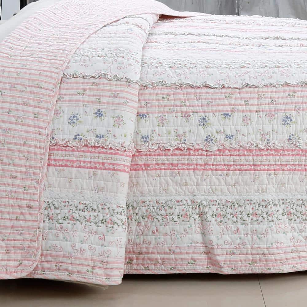 Pink Rose Peonies Ruffle 4-Piece Pink Floral Stripe Cotton Bedding Set with Decor Pillow King Quilt Set