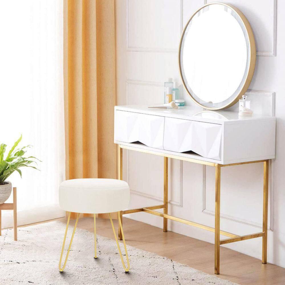GERANT Multifunctional Vanity Stools - Velvet Round Ottoman Modern Dressing Stool -Upholstered Footrest Stool - Side Table Footstool with Golden Metal Leg for Living Room, Bedroom(Beige)