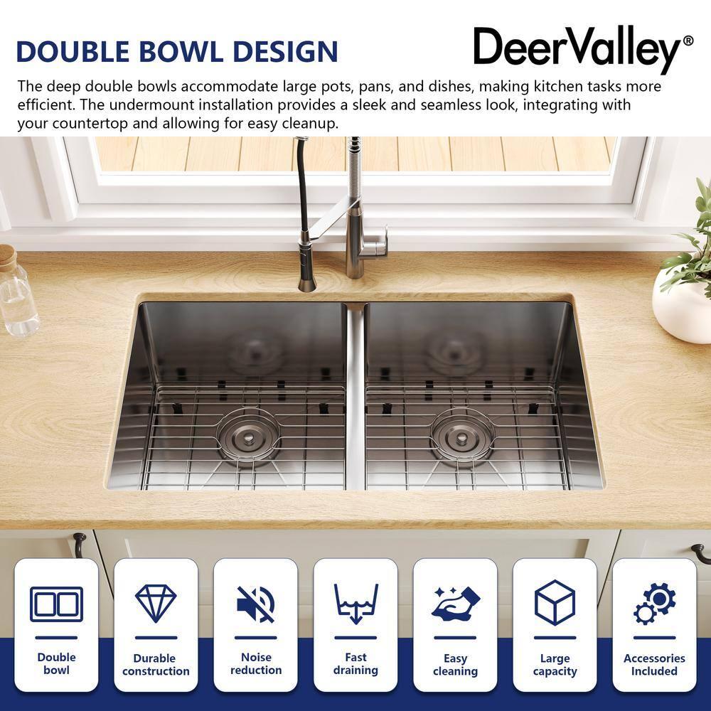 DeerValley 33'' L Undermount 50/50 Double Bowl Stainless Steel Kitchen Sink with Basket Strainers and Stainless Steel Grids