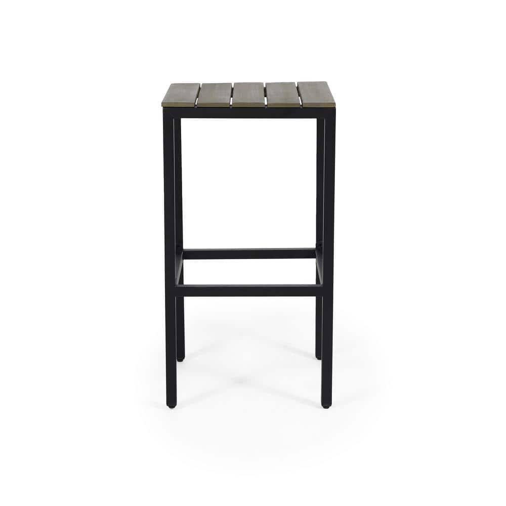Alan Outdoor Modern Industrial Acacia Wood Bar Stools, Set of 4, Gray, Black