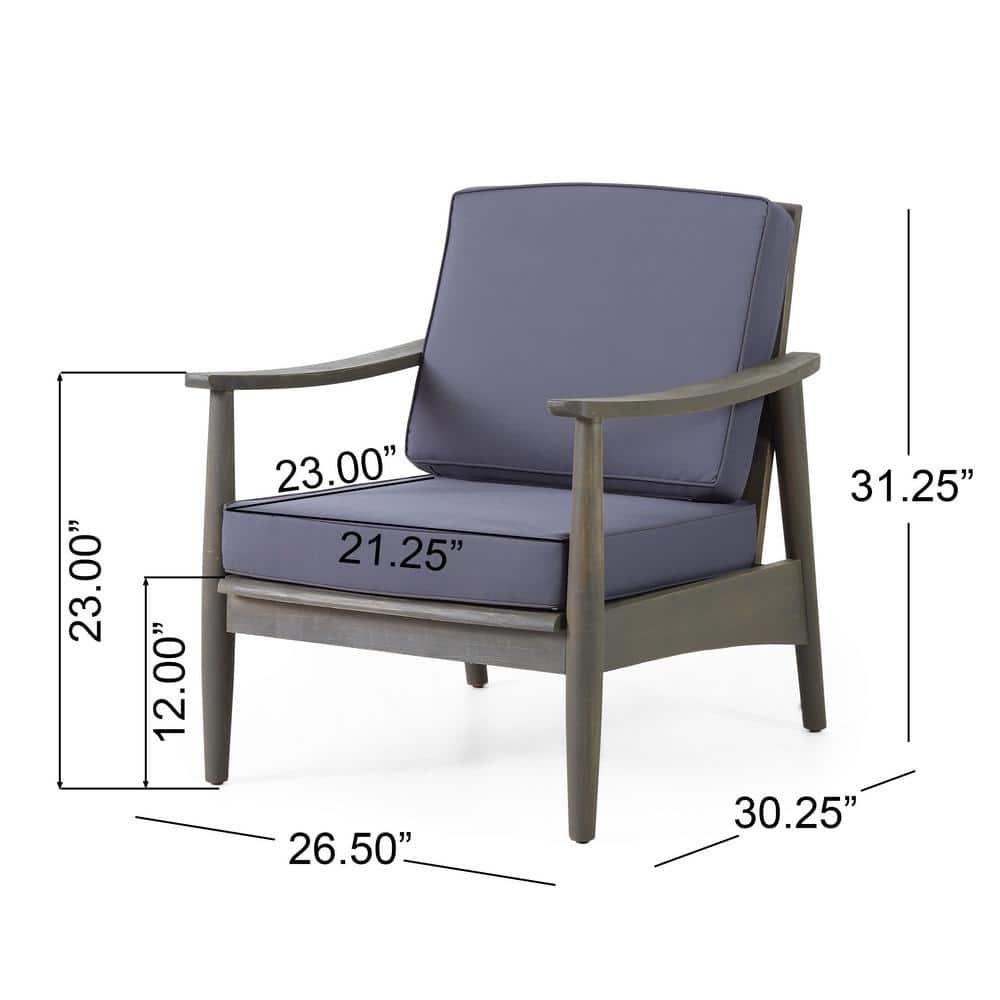 Greta Acacia Wood Outdoor Club Chair with Dark Gray Cushion, Set of 2, Black