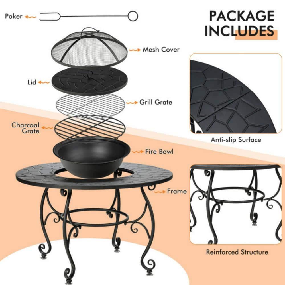 Costway 35.5'' Patio Fire Pit Dining Table Charcoal Wood Burning W/ Cooking BBQ Grate