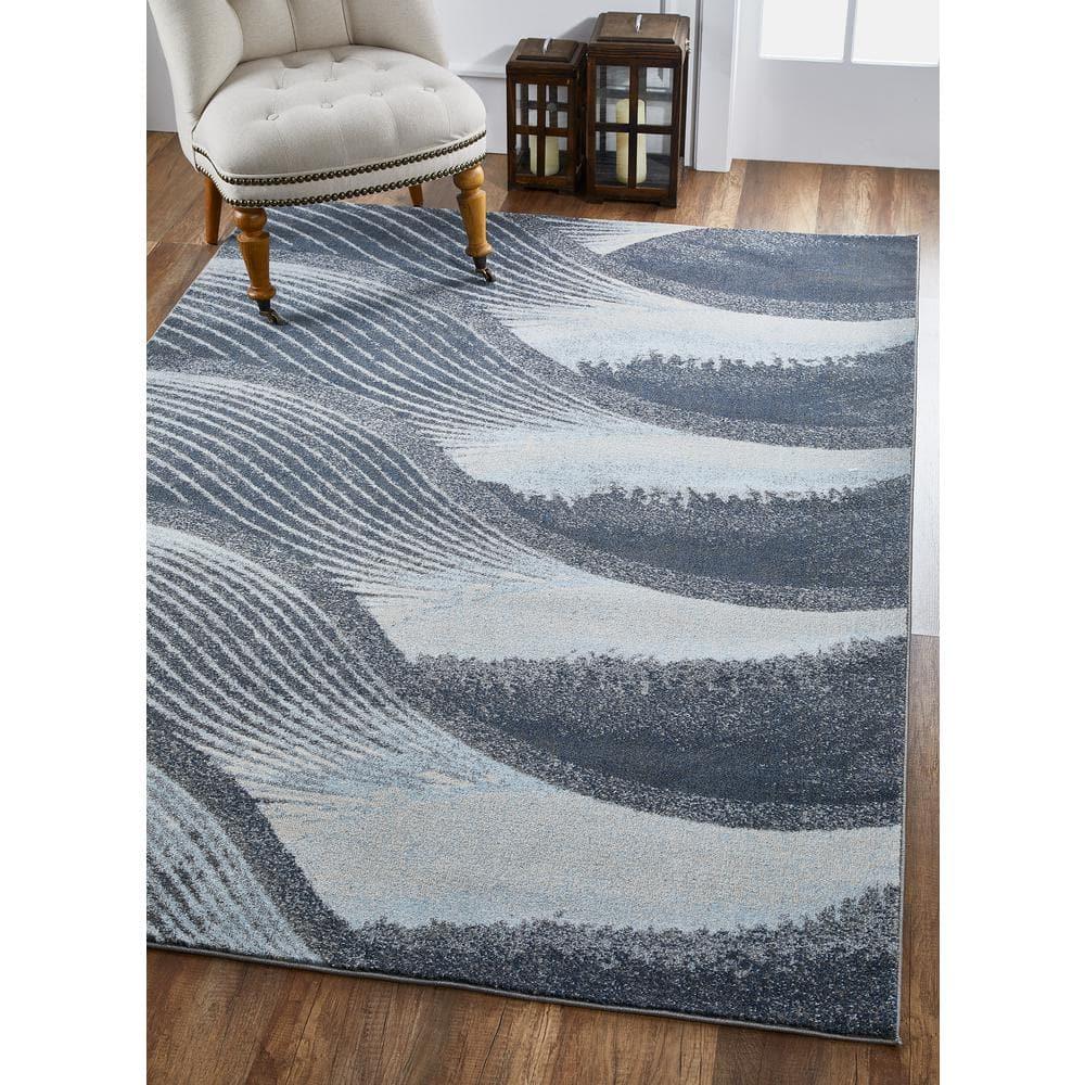 Large Gray and Blue Stain-Resistant Synthetic Area Rug