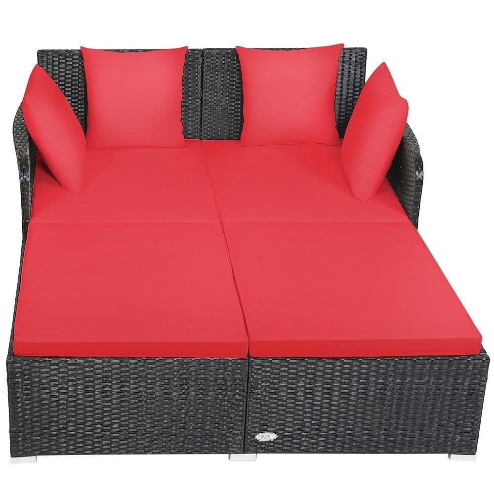 Costway Outdoor Patio Rattan Daybed Thick Pillows Cushioned Sofa Furniture Red