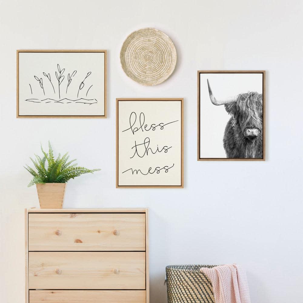 Kate and Laurel Sylvie B&W Highland Cow No. 1 Framed Canvas Wall Art by Amy Peterson Art Studio, 18x24 Gold, Black and White Animal Portrait Art