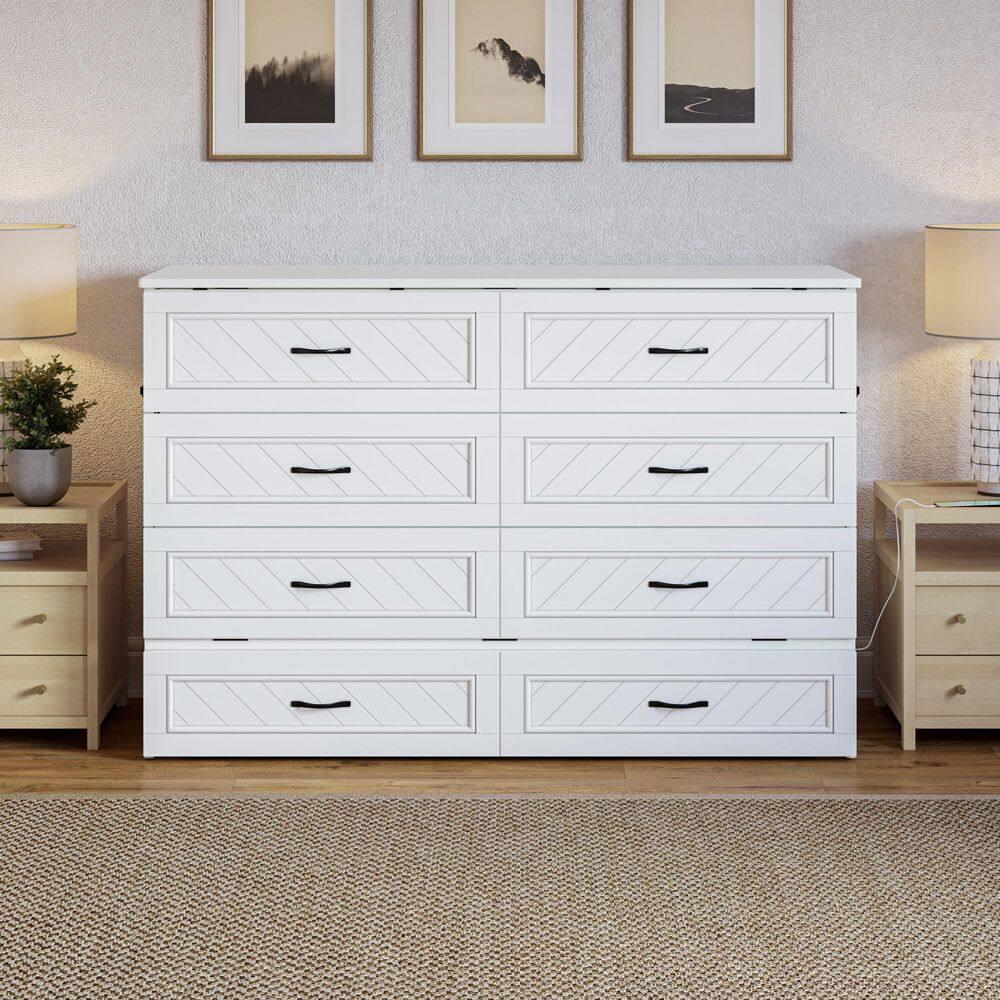 AFI Alpine Queen Wood Murphy Bed Chest with Mattress and Built-in Charger, White