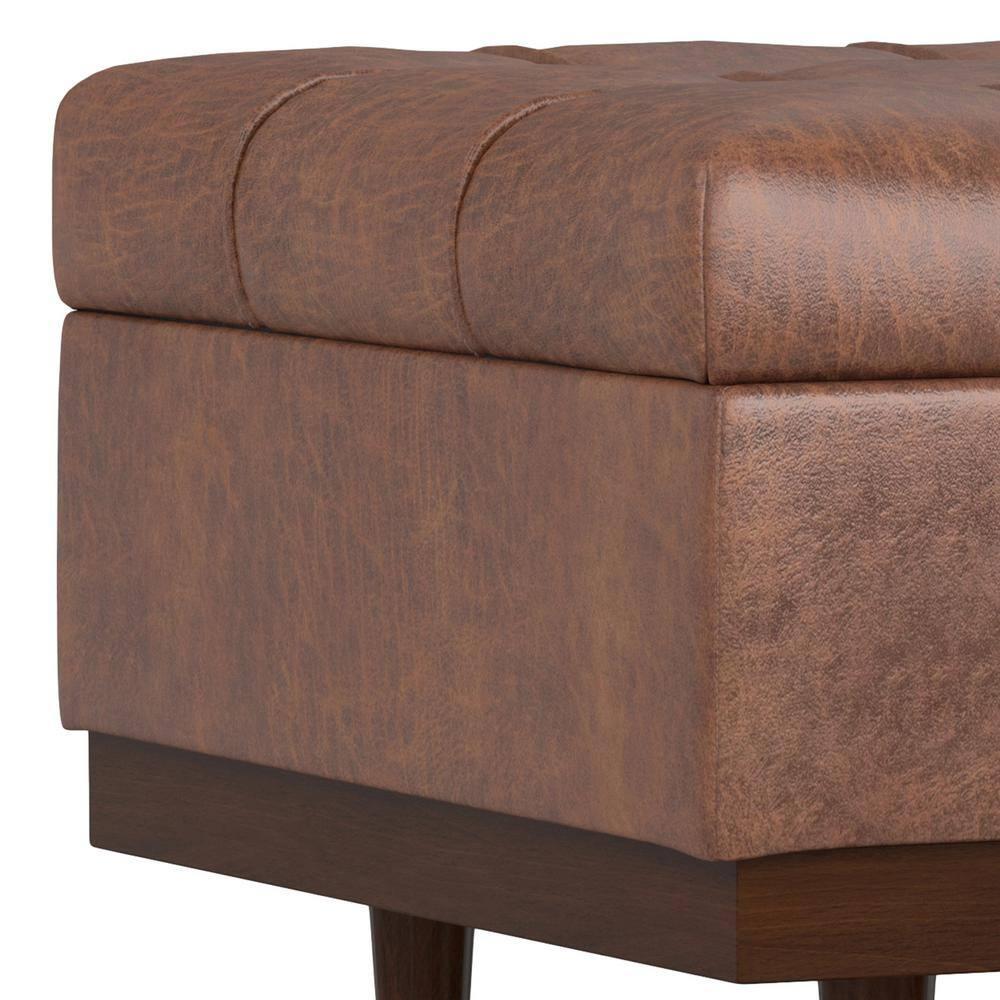 Simpli Home Mariah 34 inch Wide Contemporary Rectangle Coffee Table Storage Ottoman in Distressed Saddle Brown Vegan Faux Leather