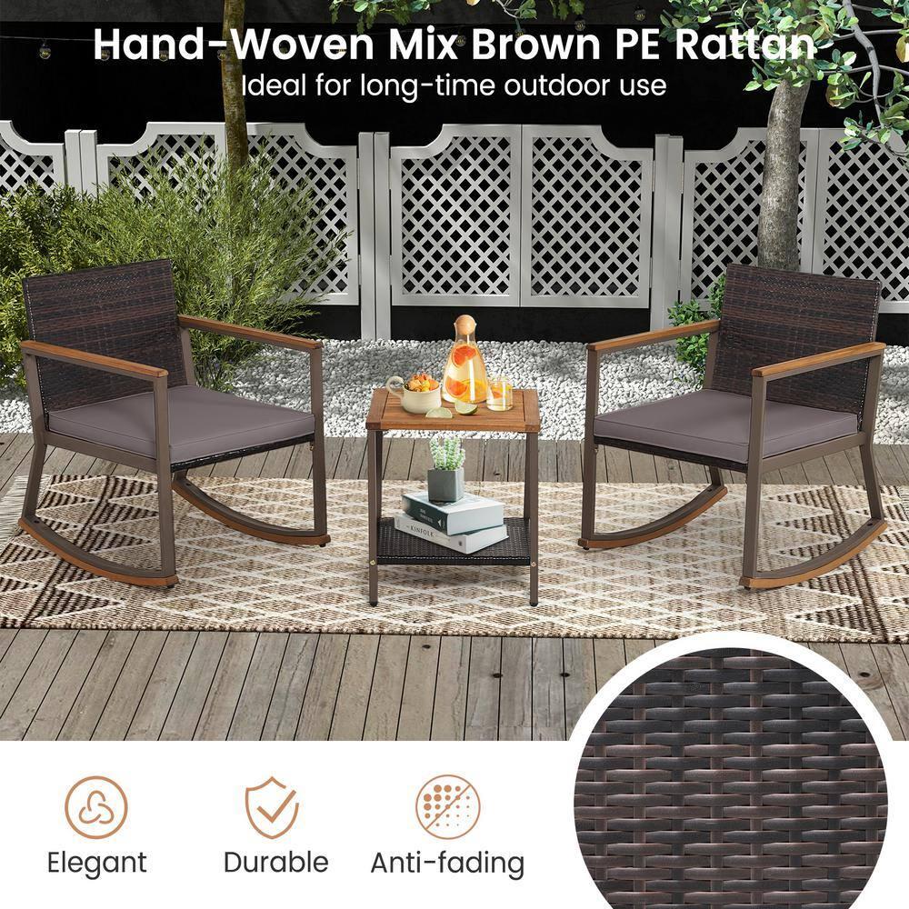 3 Pieces Rattan Rocking Bistro Set, Patio Conversation Sets with Coffee Table and Cushions-Off Navy
