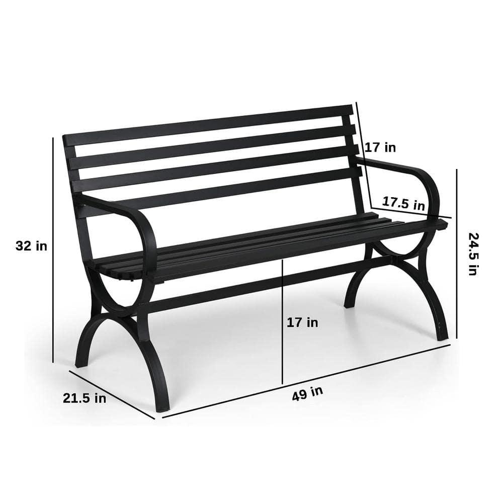 PHI VILLA Outdoor Garden Bench, 48” Long Metal Steel Bench with Backrest and Armrests, Modern Slatted Design for Patio, Lawn, Yard, Porch - Black