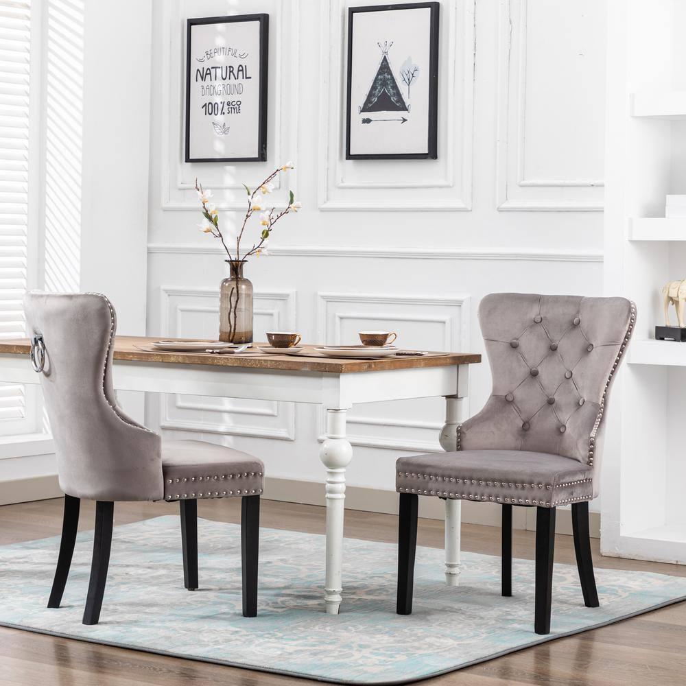 Polytrends Grandview Tufted Upholstered Dining Chair (Set of 2) with Nailhead Trim and Ring Pull Wingback Chairs Grey Velvet