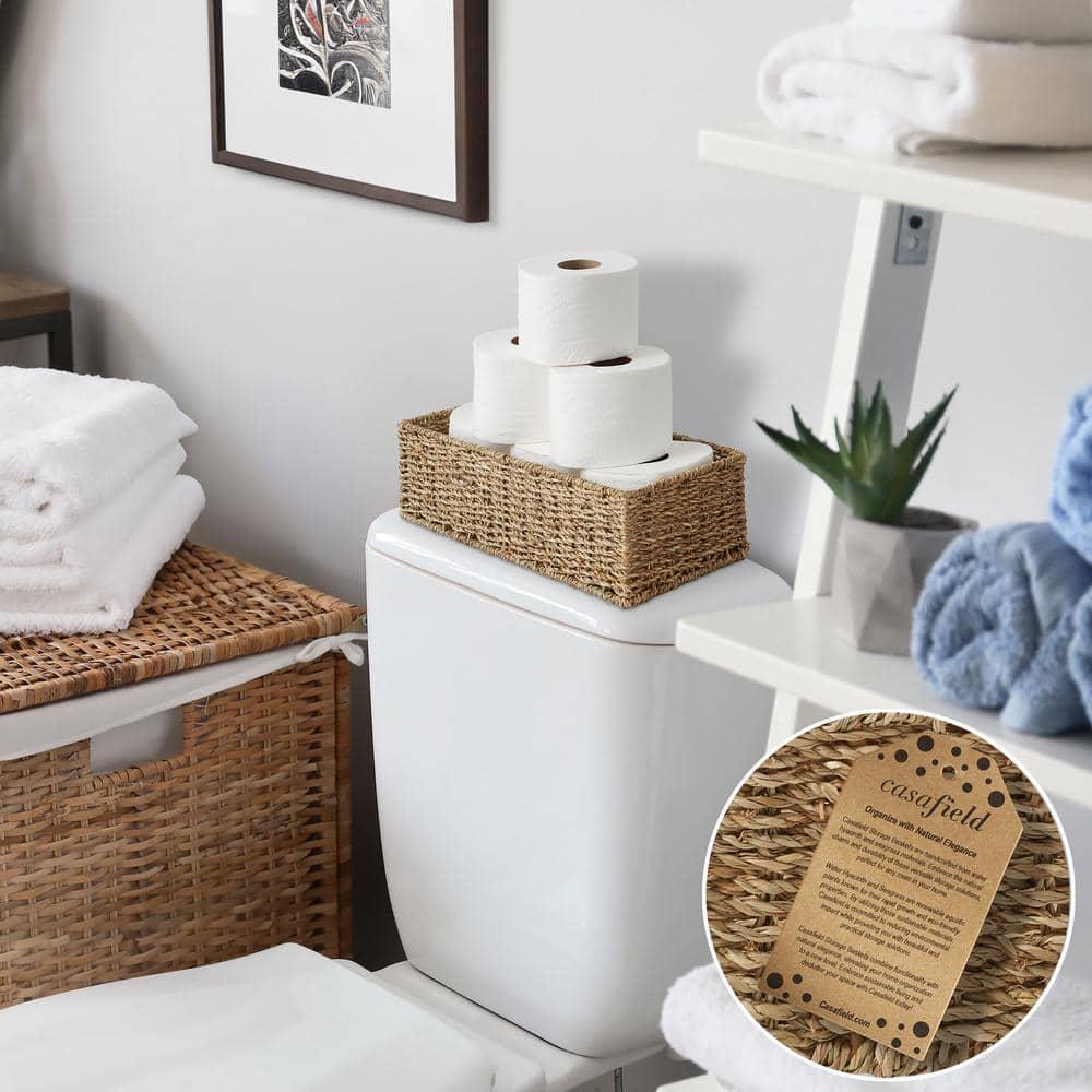 Casafield Bathroom Storage Baskets - Set of 2, Natural - Seagrass, 16" W  x 6.75" D x 4.25" H, Woven Toilet Paper, Tissue, Shelving Bins