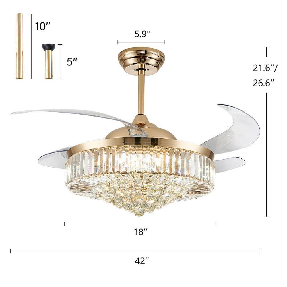 42 in. Indoor Gold Smart Retractable Crystal Ceiling Fan with Adjustable LED Light Included with Remote