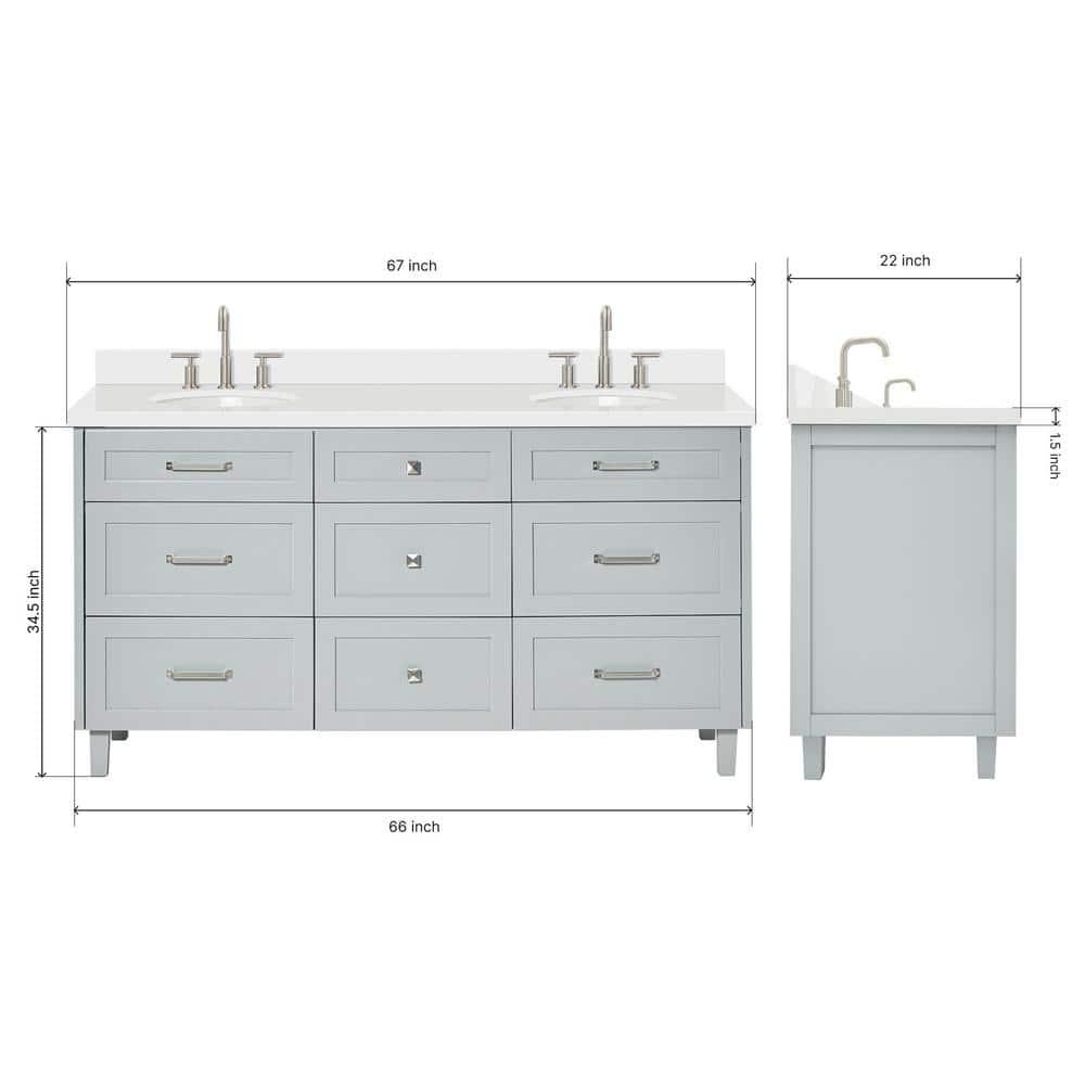 Ariel Bath Ariel Monrow 67 Inch Double Oval Sink Bathroom Vanity With Pure White Quartz Countertop