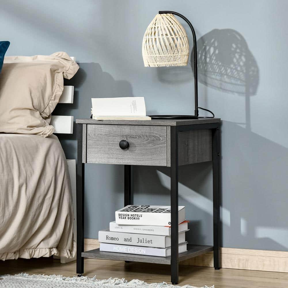 HOMCOM Industrial End Table with Storage Shelf, Accent Side Table with Drawer for Living Room, Gray