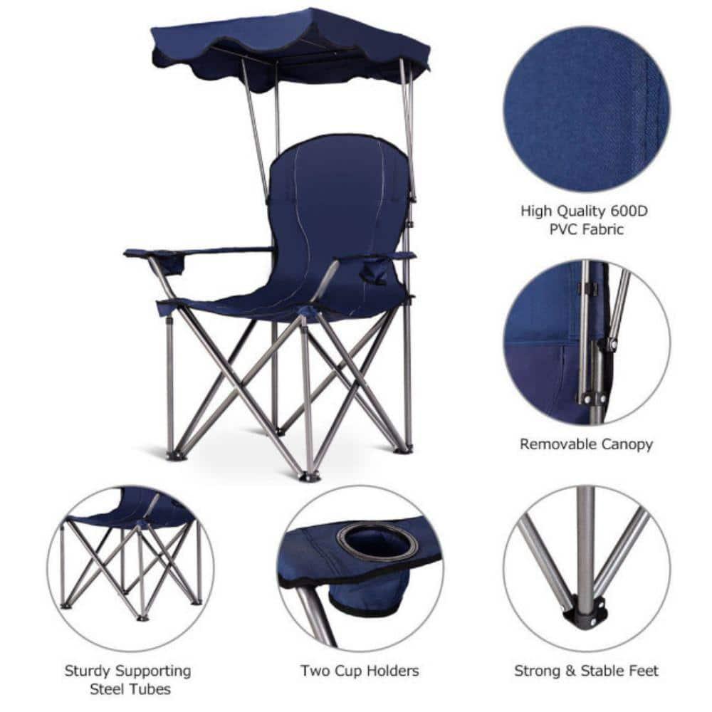 Topcobe Portable Folding Beach Canopy Chair with Cup Holders, Camping Chairs with Canopy, Blue
